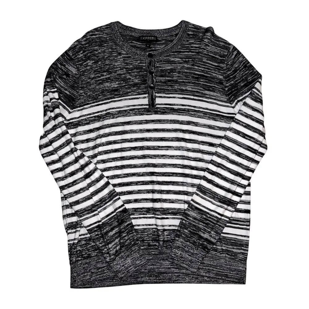 Express Striped Knit Sweater - Henley Neck Black/White - Size Men XL
